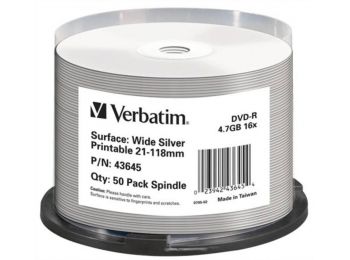 DVD-R lemez, nyomtatható ezüst felület, no-ID, 4,7GB, 16x, hengeren, VERBATIM (DVDV-16B50NS)