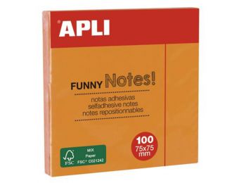 Öntapadó jegyzettömb, 75x75 mm, 100 lap, APLI, neon naran