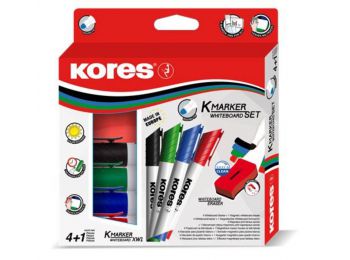Tábla- és flipchart marker készlet mágneses táblatörlő szivaccsal, 1-3 mm, kúpos KORES, 4 különböző szín (IK20863)