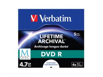 DVD R lemez, archiváló, nyomtatható, M-DISC, 4,7 GB, 4x, normál tok, VERBATIM (DVDV4AR1N)