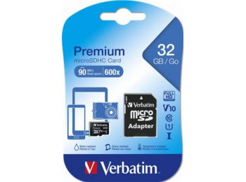 Memóriakártya, microSDHC, 32GB, CL10/U1, 90/10 MB/s, adapter, VERBATIM, Premium (MVMS32GHA)