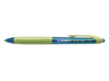 Golyóstoll, 0,38 mm, nyomógombos, zöld fogórész, STABILO Performer+, kék (TST328411)