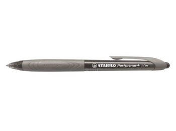 Golyóstoll, 0,38 mm, nyomógombos, szürke tolltest, STABILO Performer+, fekete (TST32846)