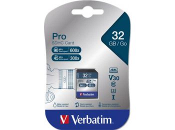 Memóriakártya, SDHC, 32GB, CL10/U3, 90/45MB/sec, VERBATIM PRO (MVS32GP)