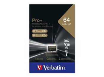 Memóriakártya, microSDXC, 64GB, CL10/U3, 90/80 MB/s, adapter, VERBATIM PRO+ (MVMS64GPP)