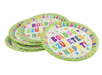 Tányér, papír, 23 cm, Boldog születésnapot, zászlós (