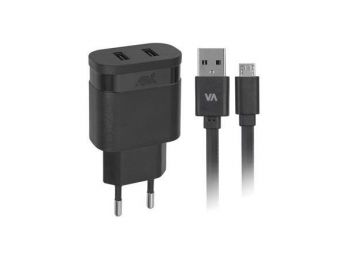 Hálózati töltő, 2 x USB, 2,4A, micro USB kábellel, RIVACASE VA 4122 BD1, fekete (RHT4122BD1)
