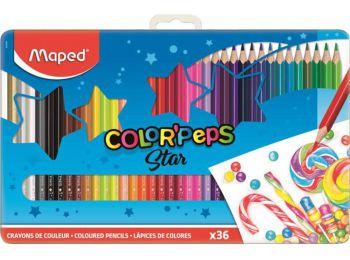 Színes ceruza készlet, háromszögletű, fém doboz, MAPED Color`Peps, 36 különböző szín (IMA832056)