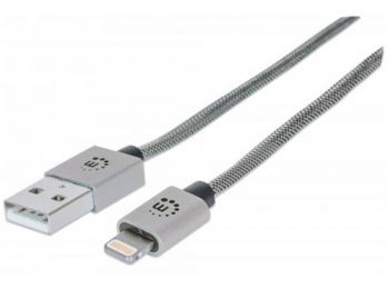 USB kábel, lightning, 1 m, MANHATTAN iLynk, metál ezüst (