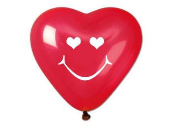 Léggömb, 40 cm, szív alakú, smiley, piros (PT1745SZ)