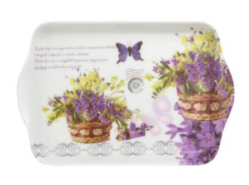 Tálca, műanyag, szögletes, levendula mintás, 21x14cm (KH