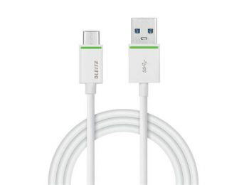 USB töltő- és adatkábel, USB-C - USB-A 3.1, 1 m, LEITZ, Complete, fehér (E63350001)