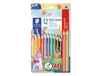 Színes ceruza készlet, háromszögletű, vastag, hegyezővel, STAEDTLER Noris Jumbo, 10+2 különböző szín (TS128NC12P1)