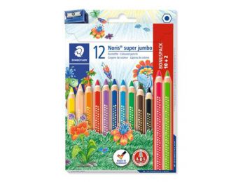 Színes ceruza készlet, háromszögletű, vastag, hegyezővel, STAEDTLER Noris Super Jumbo, 10+2 különböző szín (TS129NC12P1)