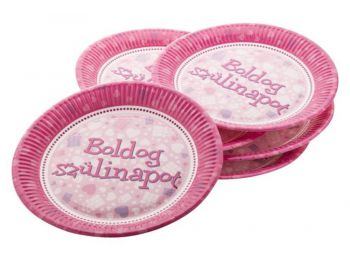 Tányér, papír, 23 cm, Boldog Születésnapot, rózsaszín