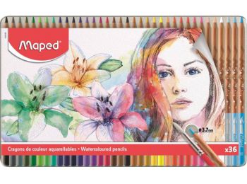 Akvarell ceruza készlet, ecsettel, fém doboz, MAPED Artists, 36 különböző szín (IMA832436)
