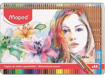 Akvarell ceruza készlet, ecsettel, fém doboz, MAPED Artists, 48 különböző szín (IMA832448)