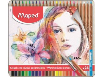 Akvarell ceruza készlet, ecsettel, fém doboz, MAPED Artists, 24 különböző szín (IMA832424)