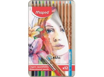 Akvarell ceruza készlet, ecsettel, fém doboz, MAPED Artists, 12 különböző szín (IMA832412)
